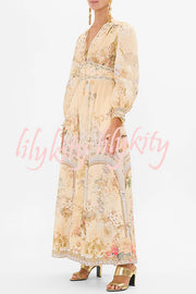 Fairy Tale Print V-Neck Lantern Sleeve Waist Maxi Dress