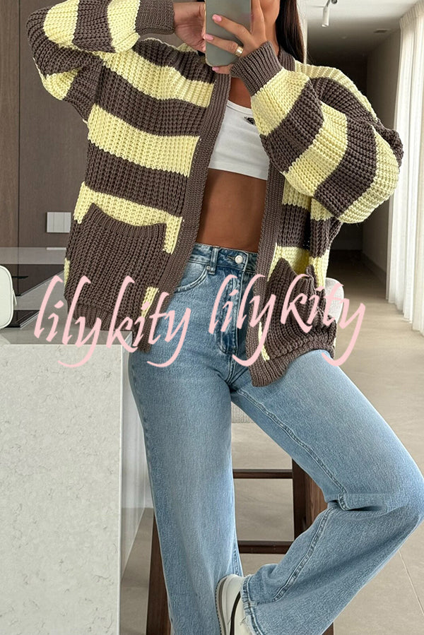 Fashionable Patchwork Striped Casual Pocket Knitted Sweater
