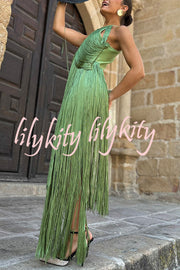 Fashion Sleeveless Halter Neck Elegant Tassel Slim Maxi Dress
