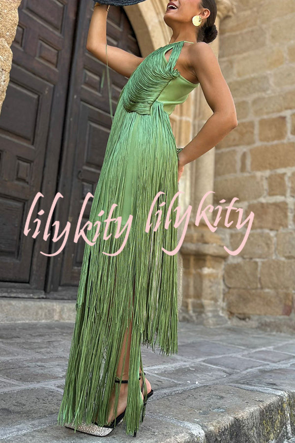 Fashion Sleeveless Halter Neck Elegant Tassel Slim Maxi Dress