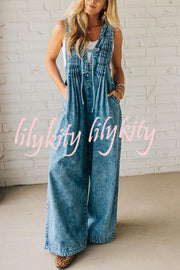 Fashionable and Casual Sleeveless V-neck Lace-up Loose Pocket Jumpsuit