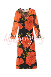 Perfect Cross-season Mesh Poppy Flower Print Long Sleeve Stretch Maxi Dress