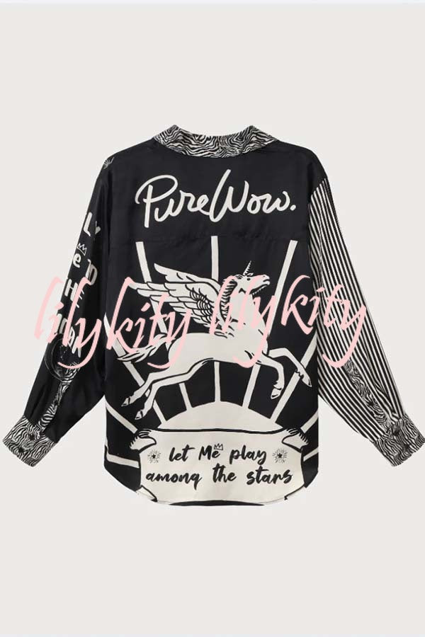Black Magic Satin Unique Print Long Sleeve Blouse and Elastic Waist Pocket Wide Leg Pants Set