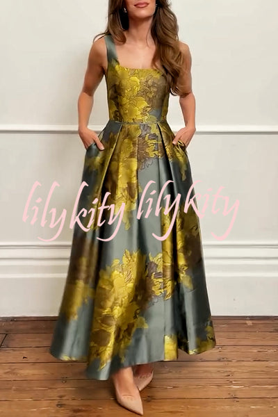 London Nights Satin Floral Pattern Square Neck Pocket Pleated Prom Maxi Dress