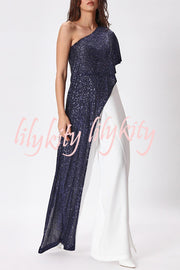 Party Favors Sequin One Shoulder Ruffle Detail Wide Leg Evening Jumpsuit