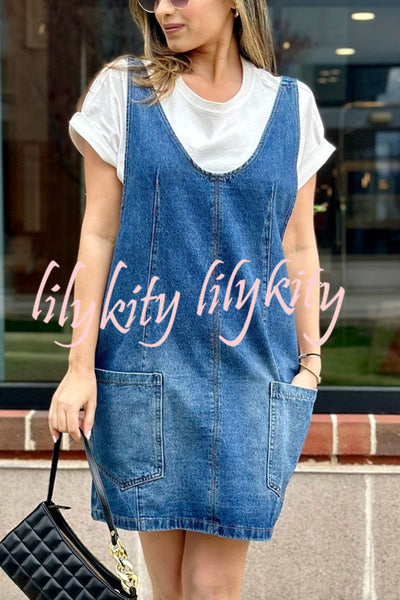 Solid Color Sleeveless V-neck Pocket Adjustable Denim Suspender Mini Dress