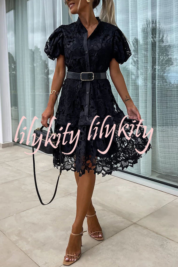 Absolutely Elegant Floral Crochet Lace Puff Sleeve Belted Shirt Midi Dress