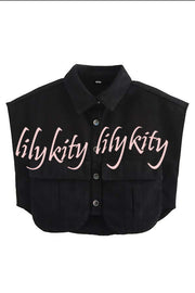 Stylish Weekend Denim Button Up Cape Sleeve Pocket Crop Top
