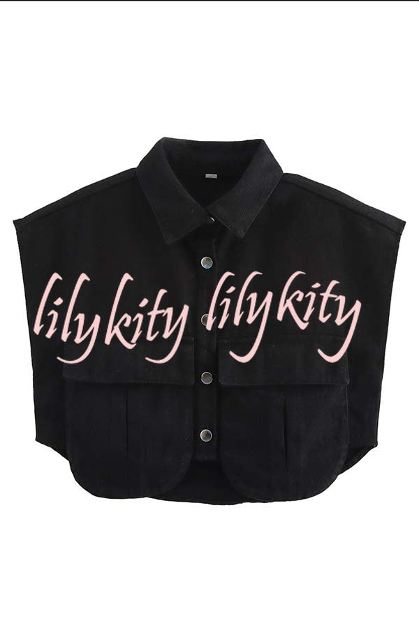 Stylish Weekend Denim Button Up Cape Sleeve Pocket Crop Top