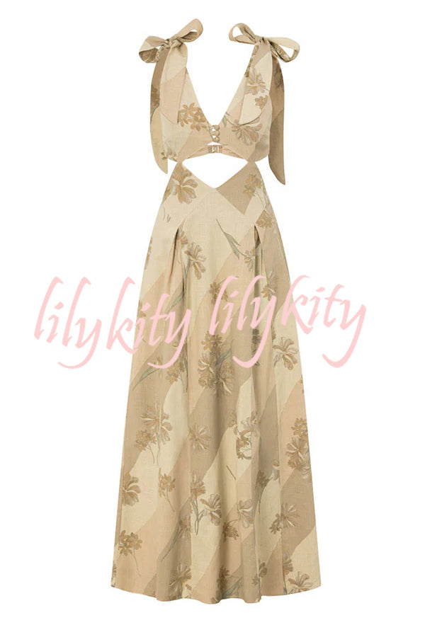 Tawny Bloom Linen Blend Unique Print Strappy Strap Cutout Maxi Dress