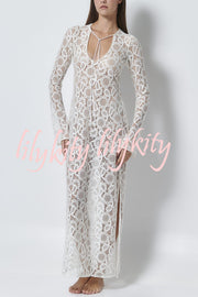 Santorini Sunset Floral Lace Long Sleeve Slit Vacation Maxi Dress