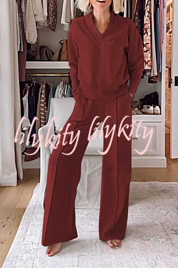 Weather Gets Cold Solid Color V-neck Top and Elastic Waist Pocketed Lounge Pants Set