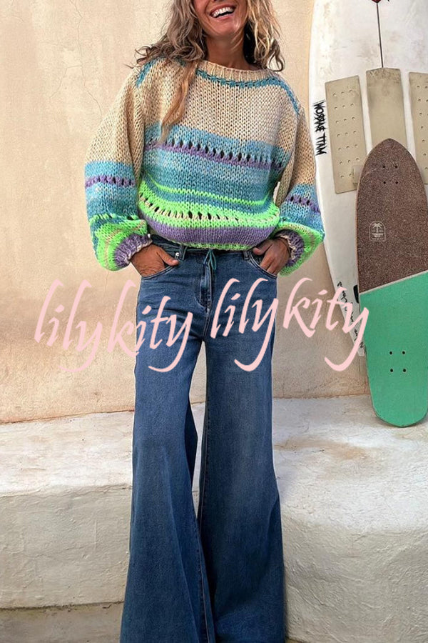 Rainbow Mood Multicolor Round Neck Hollow Long Sleeve Knitted Sweater