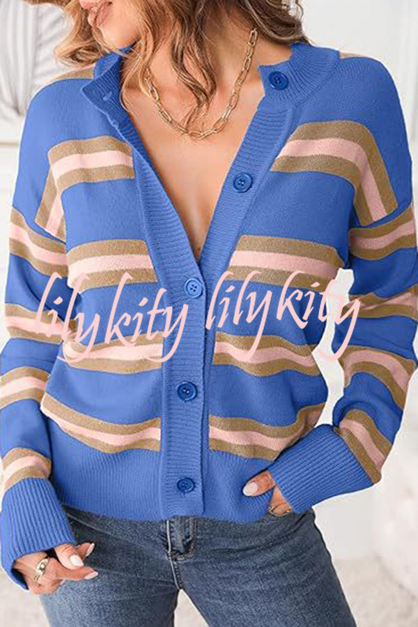 Colorblock Striped Knitted Long-sleeve Cardigan