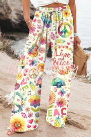 Colorful Printed Elastic Waist Drawstring Pocket Casual Pants