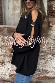 Solid Color Round Neck Hollow Long Sleeve Loose Knitted Sweater