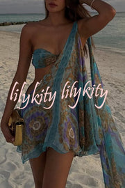 Antari Pleated Tube Top One Shoulder Tie-up Vacation Mini Dress