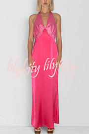 Like A Gem Satin Colorblock Halter Backless Party Maxi Dress