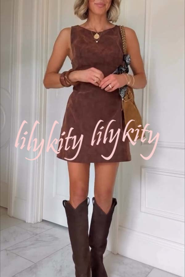 Atlas Faux Suede Open Back Button Accents Zipper Mini Dress