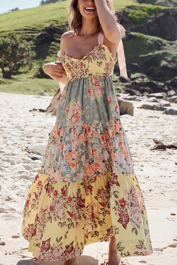 Floral Print Strappy Pleated Paneled Maxi Dress