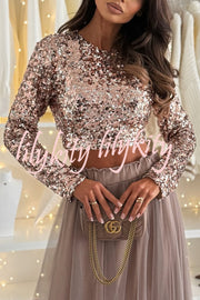 Holiday Party Sequin Long Sleeve Back Satin Tie-up Crop Top