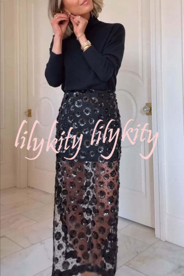 Gorgeous Flower Embellished Sequin Sheer High Rise Slit Midi Skirt