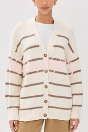 Striped Loose V-neck Long-sleeved Casual Knit Cardigan