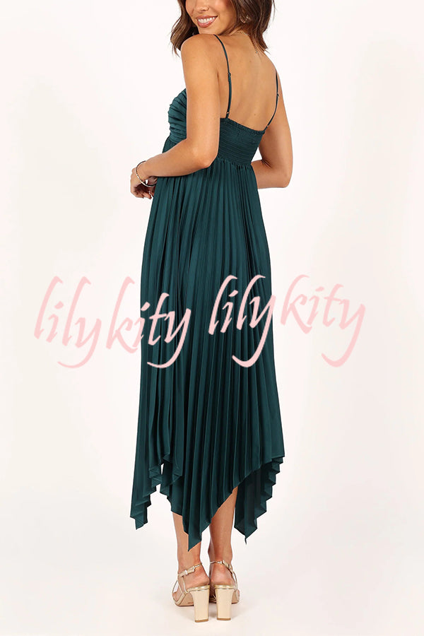 Solid Color Sexy Suspender Pleated Irregular Midi Dress