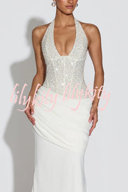 Exclusive Declaration Sequin Halter Neck Back Lace-up Ruched Hem Maxi Dress