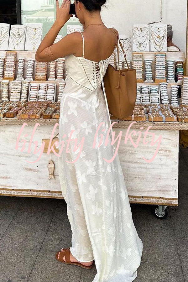 Romantic Vintage Feel Jacquard Fabric Back Lace-up Slip Floaty Maxi Dress