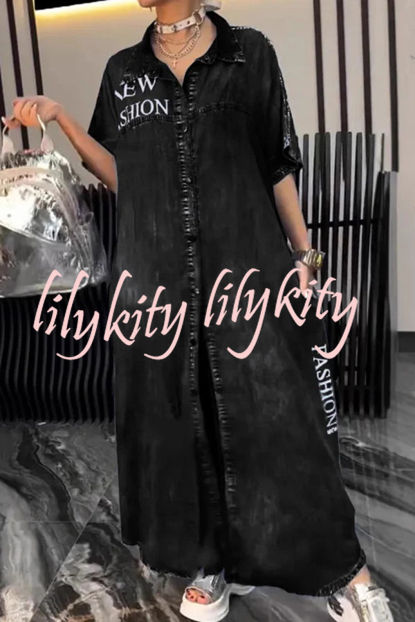Fashion Letter Print Lapel Cardigan Loose Maxi Dress