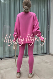 Solid Color Loose Long Sleeve SlitSweatshirt and Elastic Waist Tight Pants Set