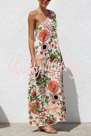 Botanical Print Elegant Strappy One-shoulder Resort Maxi Dress