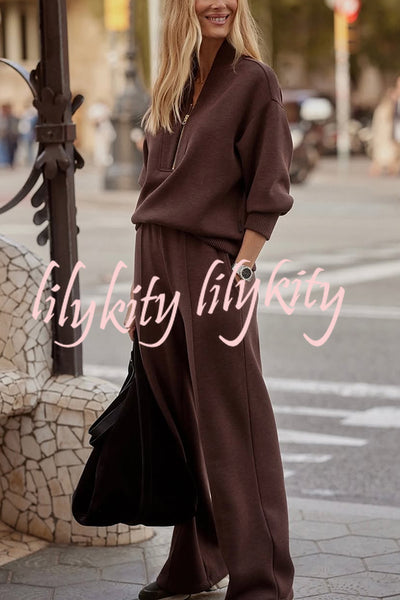 Meet The Autumn Ribbed Zipper Neck Sweatshirt and Elastic Waist Pocketed Loose Pants Set