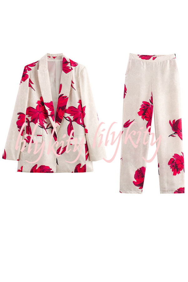 Special Attendance Satin Floral Print Long Sleeve Lapel Loose Blazer