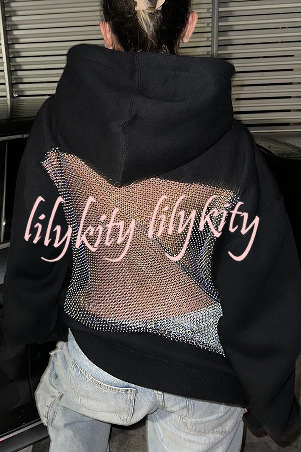 Fashionable Shiny Mesh Hollow Back Loose Long-sleeved Hooded Sweatshirt