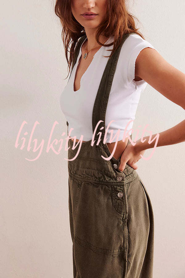Fashionable Casual Side Pocket Button Loose Denim Overalls