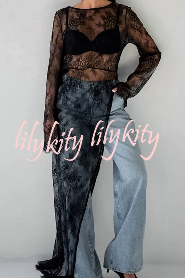Sexy Openwork Lace Long-sleeved Asymmetrical Casual Top