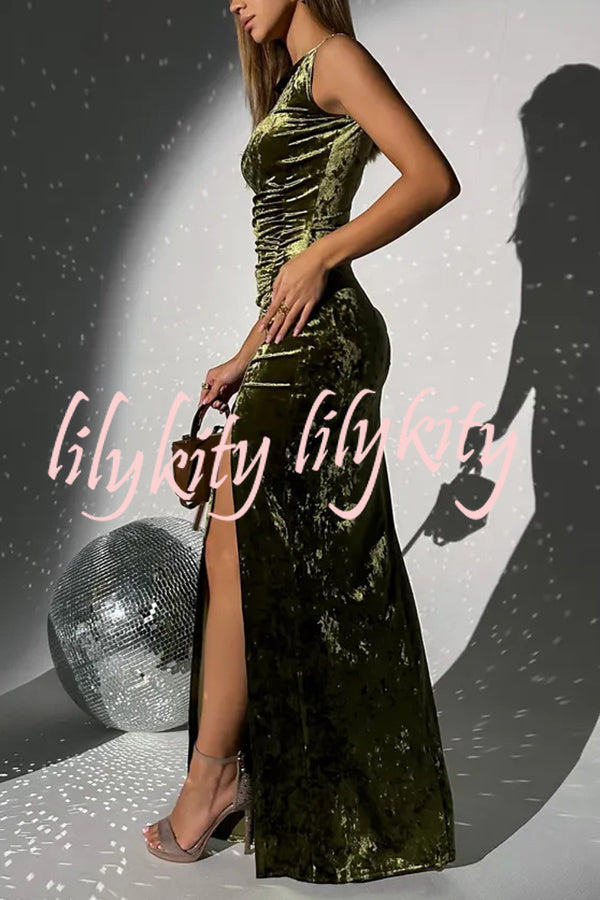 Solid Color Velvet Round Neck Sleeveless Slim Slit Maxi Dress
