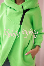 Solid Color Loose Hooded Zip-up Casual Sports Jacket