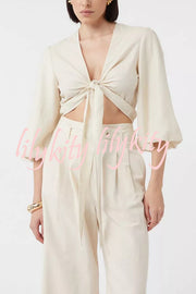 Lets Go Out Linen Blend Balloon Sleeve Wrap Tie-up Loose Top