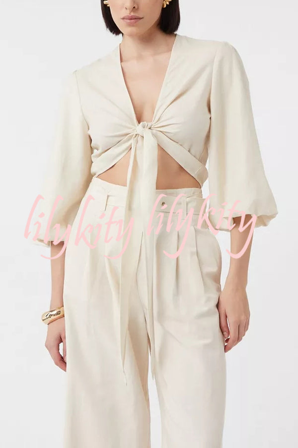 Lets Go Out Linen Blend Balloon Sleeve Wrap Tie-up Loose Top