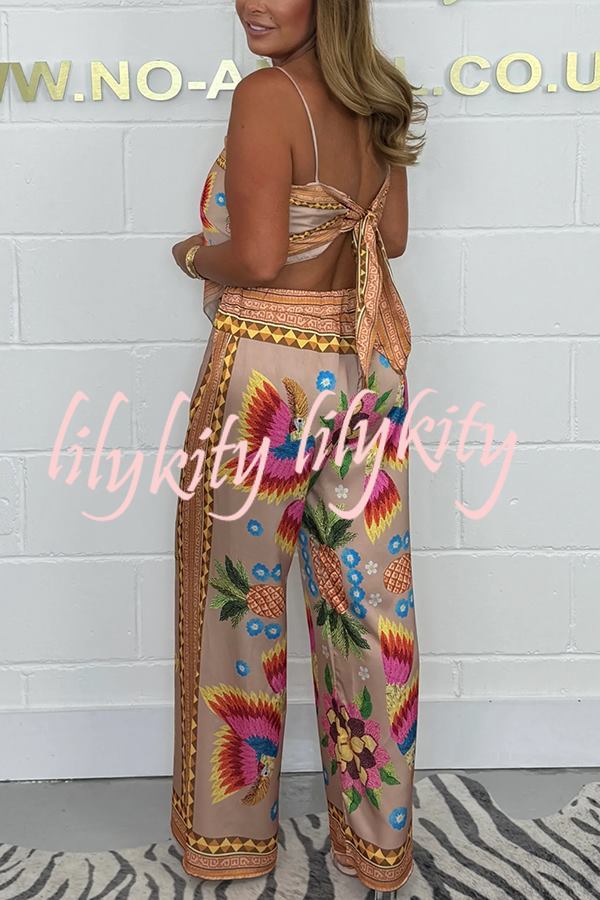 Parrot Satin Unique Print Scarf Tank and Elastic Waist Wide Leg Pants Set