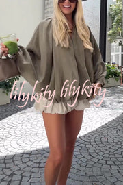 Fashion Lapel Loose Puff Long Sleeve Casual Zipper Jacket
