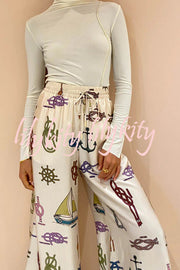 Sail Away Satin Unique Nautical Motifs Print Elastic Waist Pocketed Wide Leg Pants