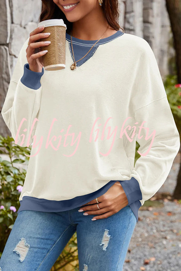 Fashionable Contrasting Color Loose Long-sleeved Casual Sweatshirt