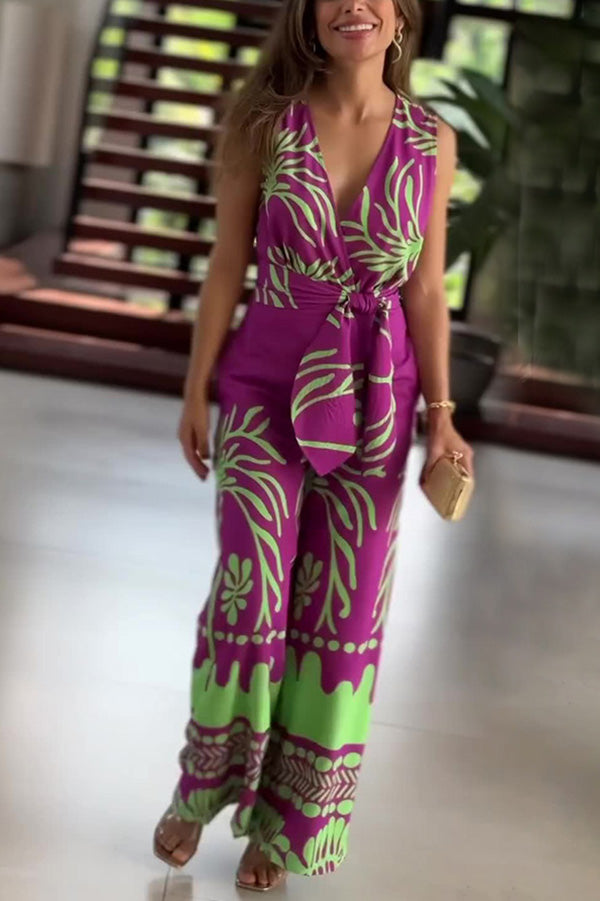 Unique Printed V-Neck Sleeveless Waist Tie Jumpsuit