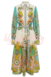 Hello Vacay Unique Print Balloon Sleeve Belt Shirt Midi Dress