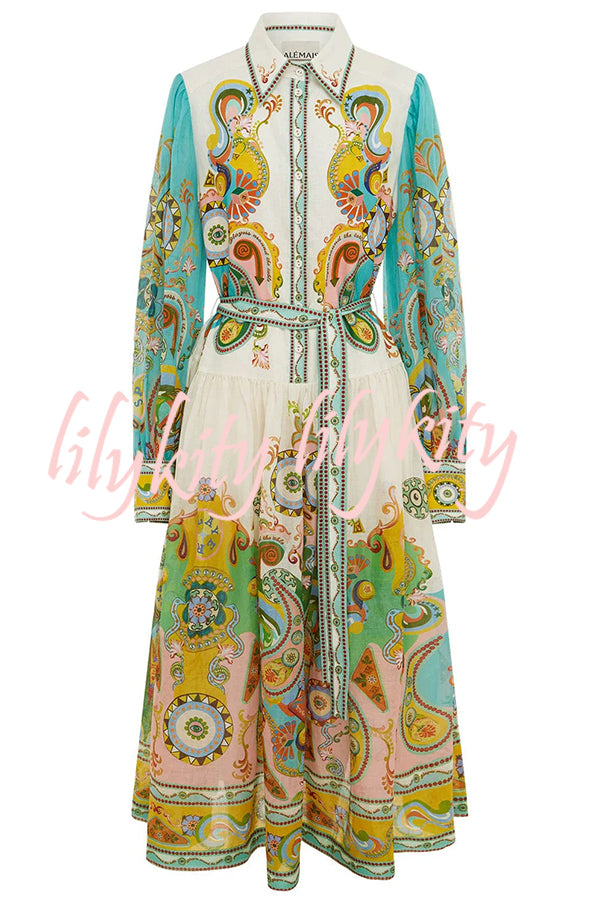 Hello Vacay Unique Print Balloon Sleeve Belt Shirt Midi Dress