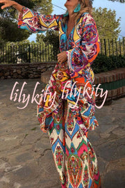 Colorful Day Unique Print Bell Sleeve Cutout Waist Layered Maxi Dress